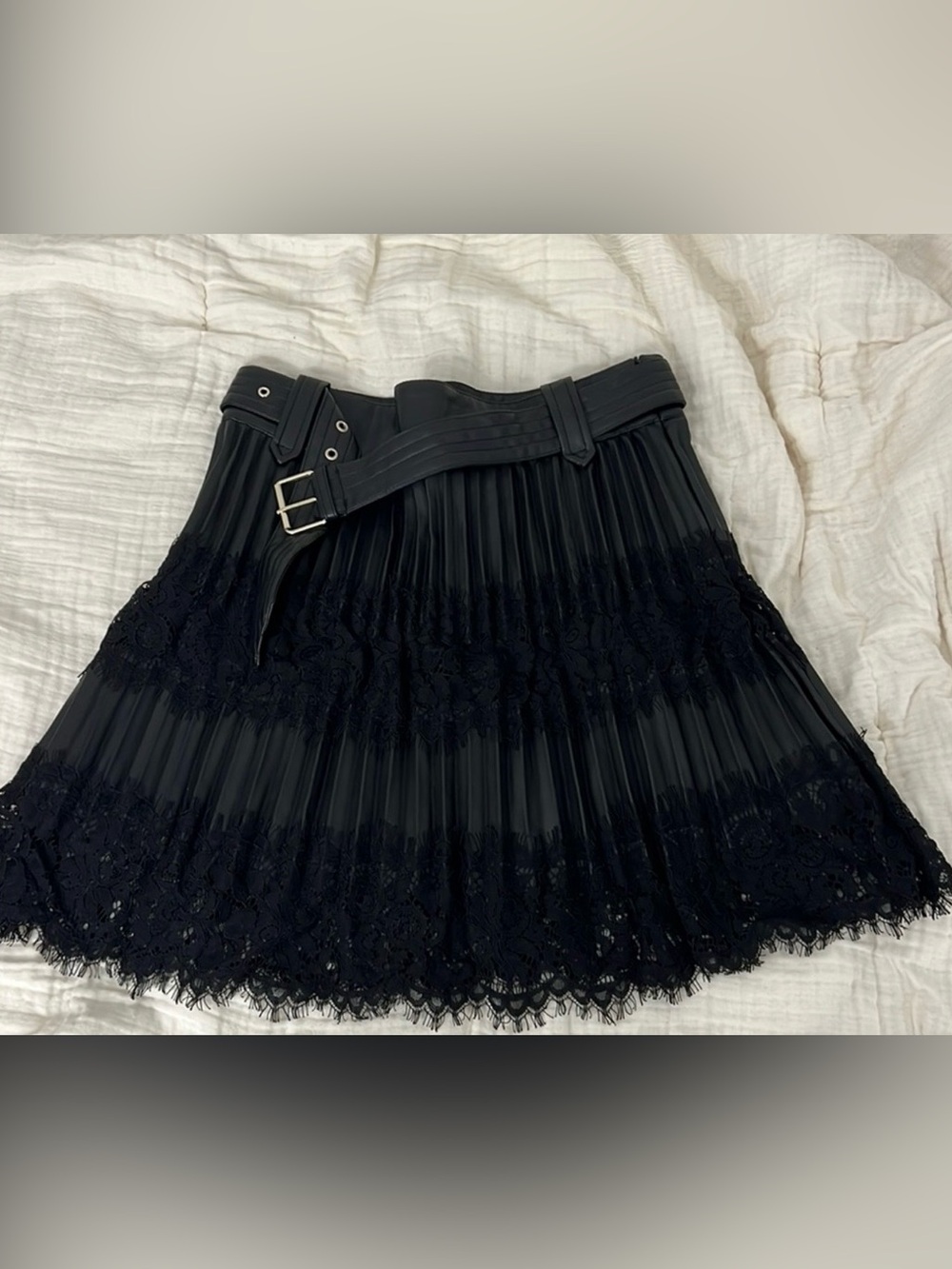 River Island Black Faux Leather Pleated Skirt, Lace Hem, Size 10, Belted